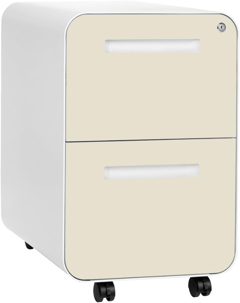 Laura Davidson Furniture Stockpile 2 Drawer Mobile File Cabinet with Lock - Under Desk Metal Filing Cabinet, Legal/Letter File Folders, Wheels and Stationary Feet, Pre-Assembled, White/Wood