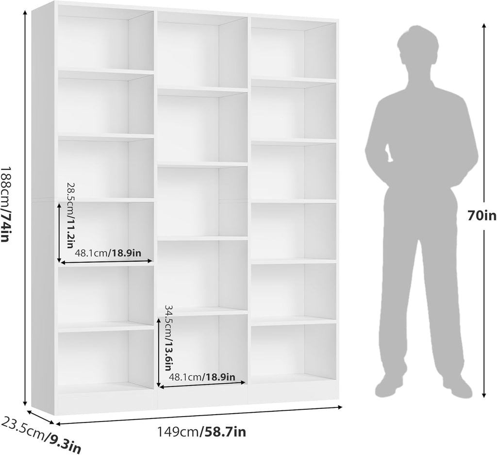 FACBOTALL Triple Wide Bookshelf, 6 Tier Large Bookshelf, Bookcase with 17 Open Display Shelves, 74'' Tall Bookcases and Bookshelves for Living Room, Home Office, Library, White