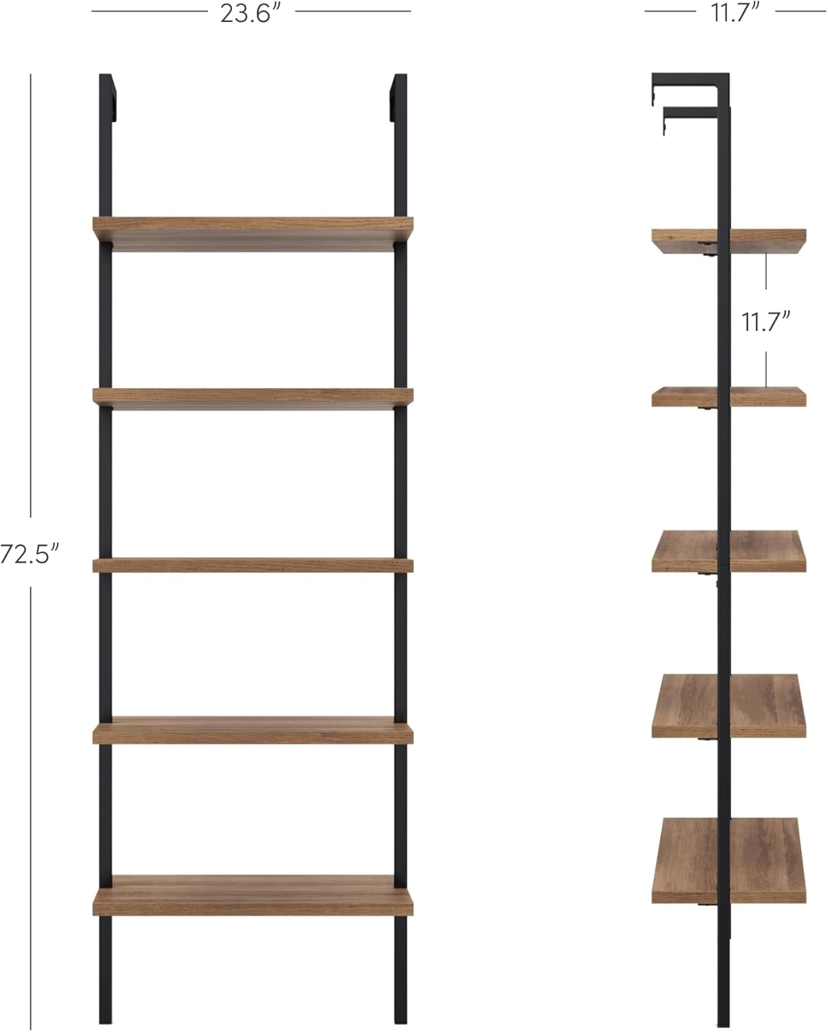 Nathan James Theo 5-Shelf Oak Wood Modern Bookcase, Open Wall Mount Ladder Bookshelf with Industrial Black Metal Frame