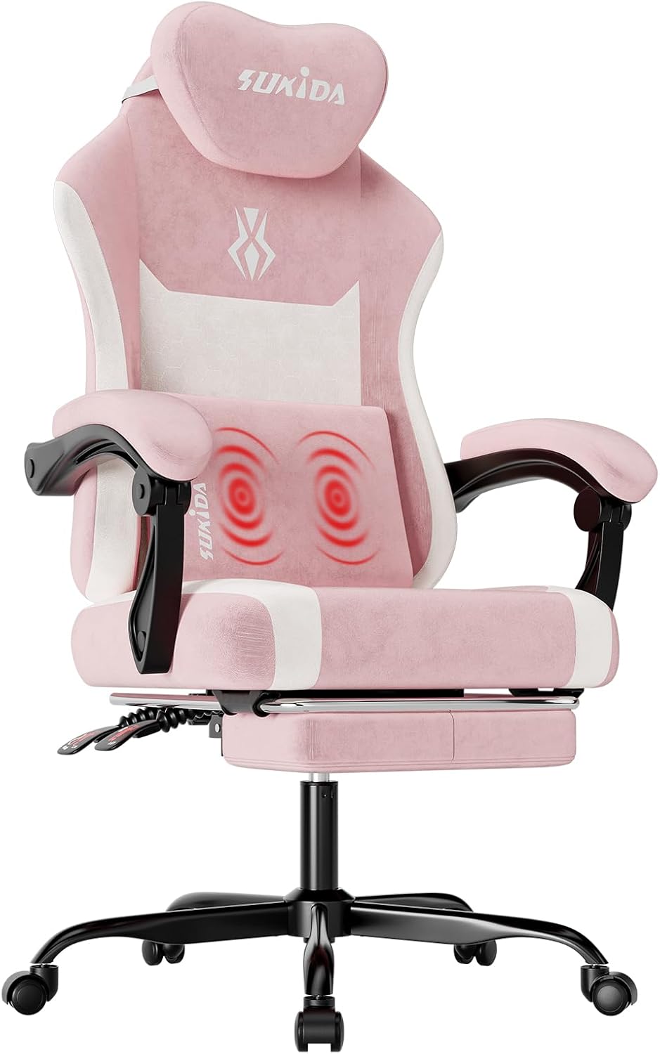 SUKIDA Plush Fabric Gaming Executive Office Chair, Ergonomic High-Back Computer Desk Chair with Large Adjustable Lumbar Support, Headrest and Linked Armrests for Long Hours Sitting Task Chair, Pink