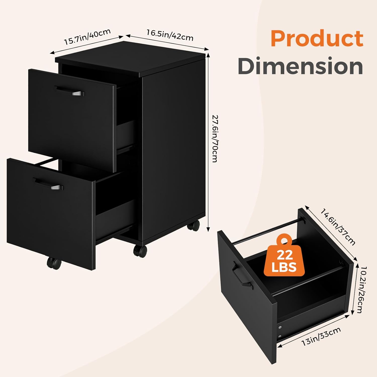 Sweetcrispy 2 Drawer Filing Cabinet Black, Rolling Wood File Cabinets with Printer Stand Under Desk Storage Lockable Wheels, Home Office Organizer for A4 Letter Legal Size Documents