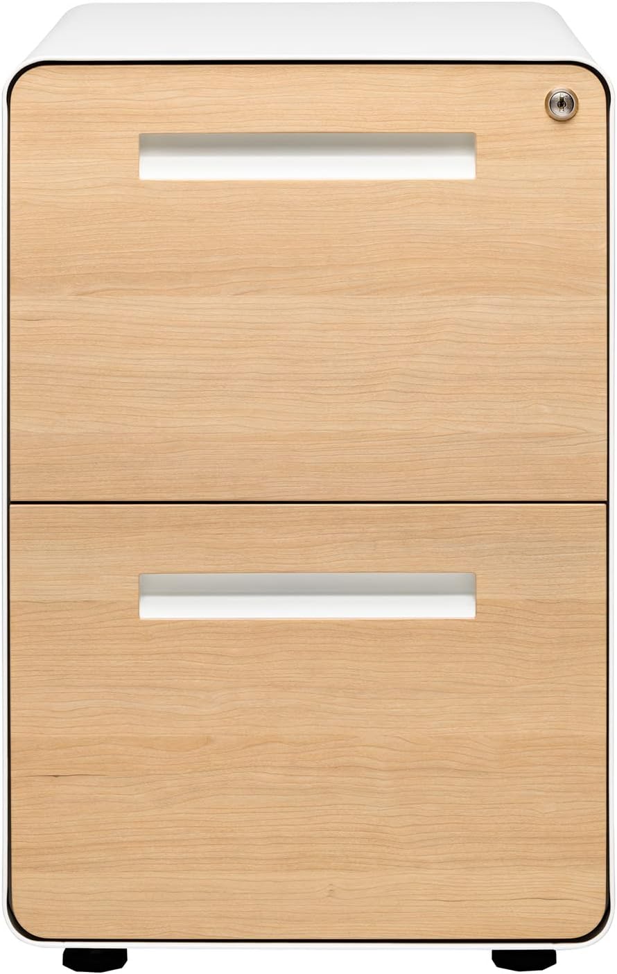 Laura Davidson Furniture Stockpile 2 Drawer Mobile File Cabinet with Lock - Under Desk Metal Filing Cabinet, Legal/Letter File Folders, Wheels and Stationary Feet, Pre-Assembled, White/Wood