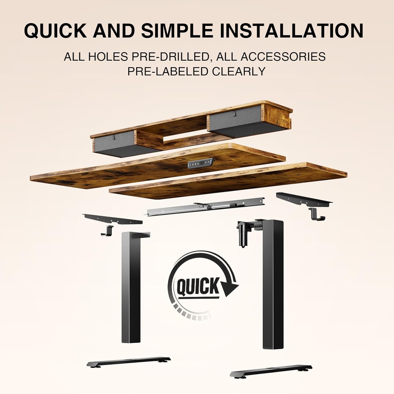 Veken 47.2"×27.6" Standing Desk with Storage Drawers, Adjustable Height Computer Table with Monitor Shelf, Home Office Desk for Study, Gaming, Workstation, Brown