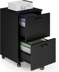 Sweetcrispy 2 Drawer Filing Cabinet Black, Rolling Wood File Cabinets with Printer Stand Under Desk Storage Lockable Wheels, Home Office Organizer for A4 Letter Legal Size Documents