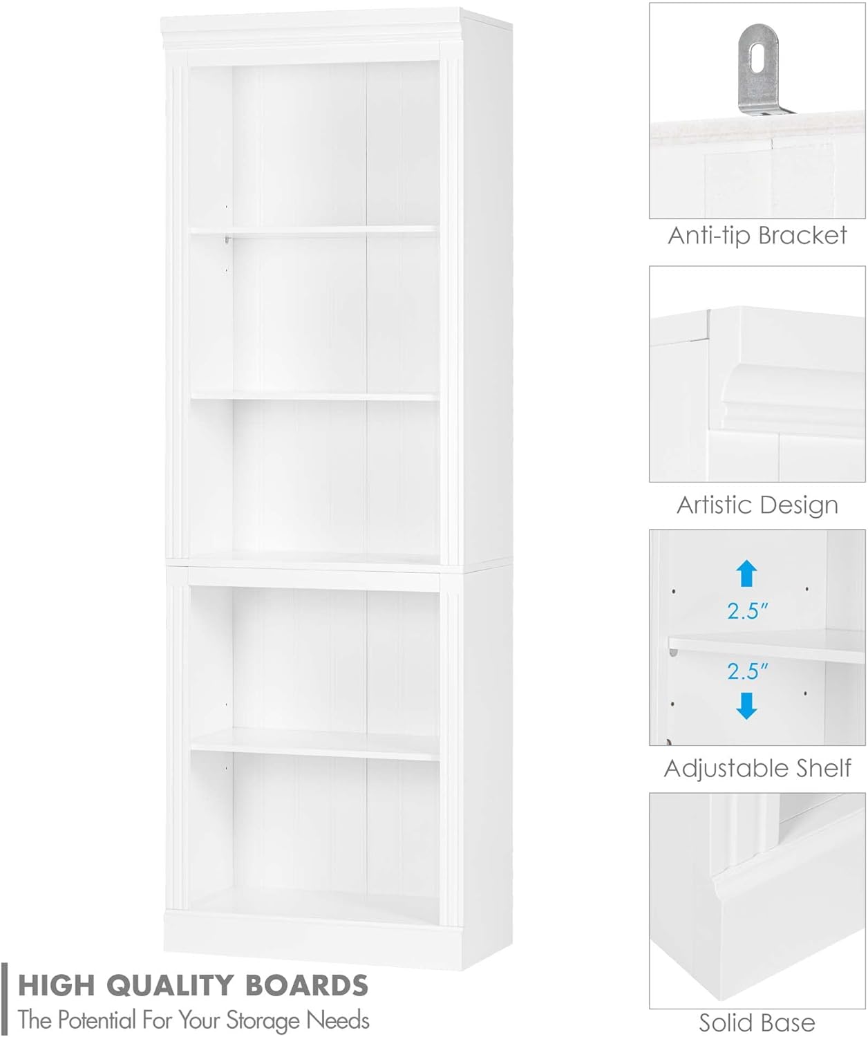 Spirich 5 Tier White Bookshelf, Tall Bookshelf with Storage, Open Wooden Book Shelf, Modern Large Bookcase for Living Room, Home Office, Dinning Room