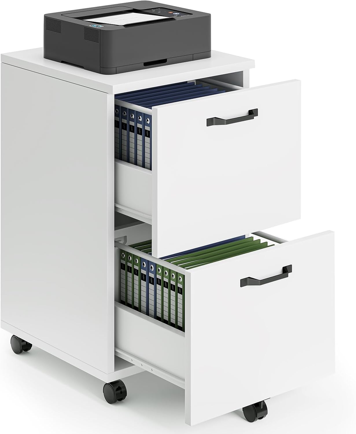 Sweetcrispy 2 Drawer Filing Cabinet Black, Rolling Wood File Cabinets with Printer Stand Under Desk Storage Lockable Wheels, Home Office Organizer for A4 Letter Legal Size Documents