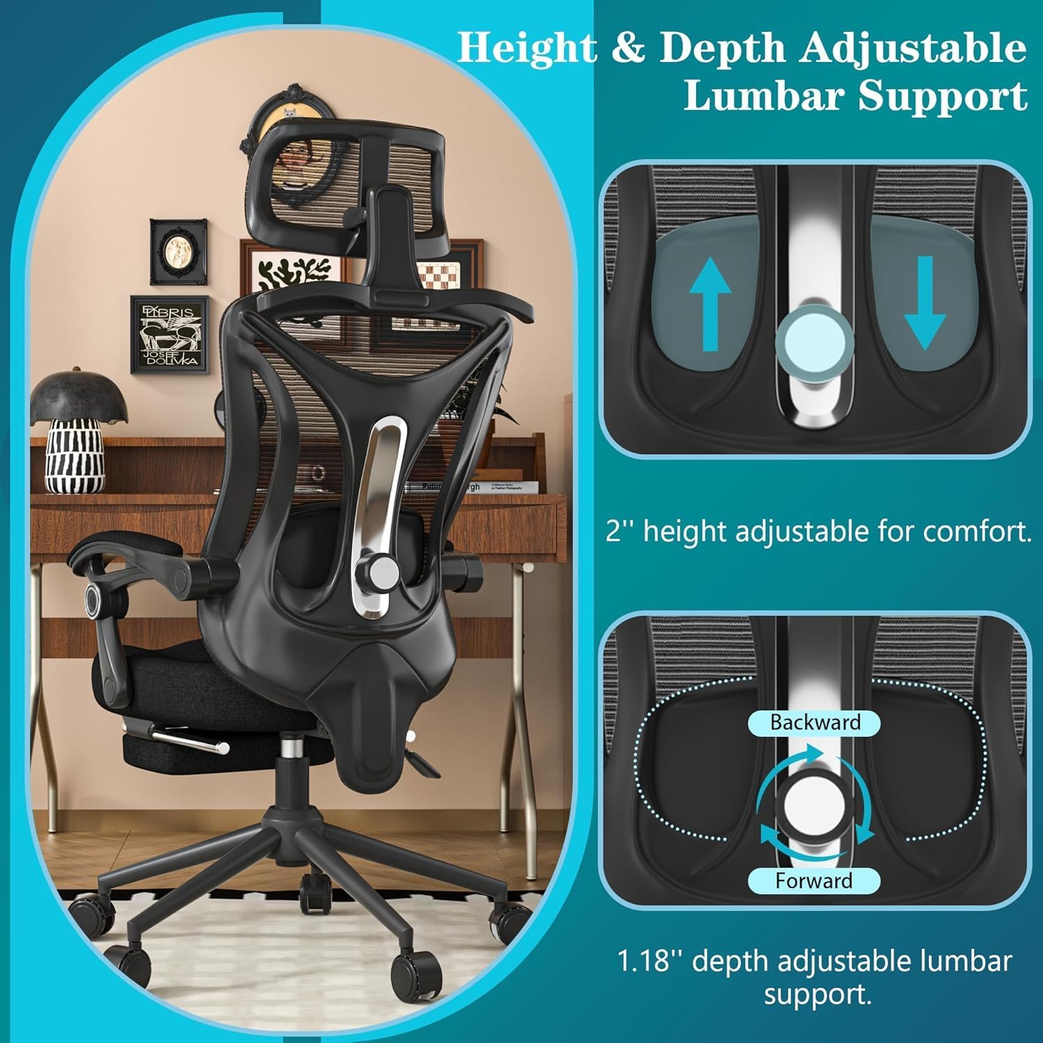 Ergonomic Office Chair with Footrest - Adjustable Lumbar Support & Headrest, 90-160° Reclining Mesh Back Computer Chair - Home Office/Gaming, 350lbs Capacity (SGS Certified)