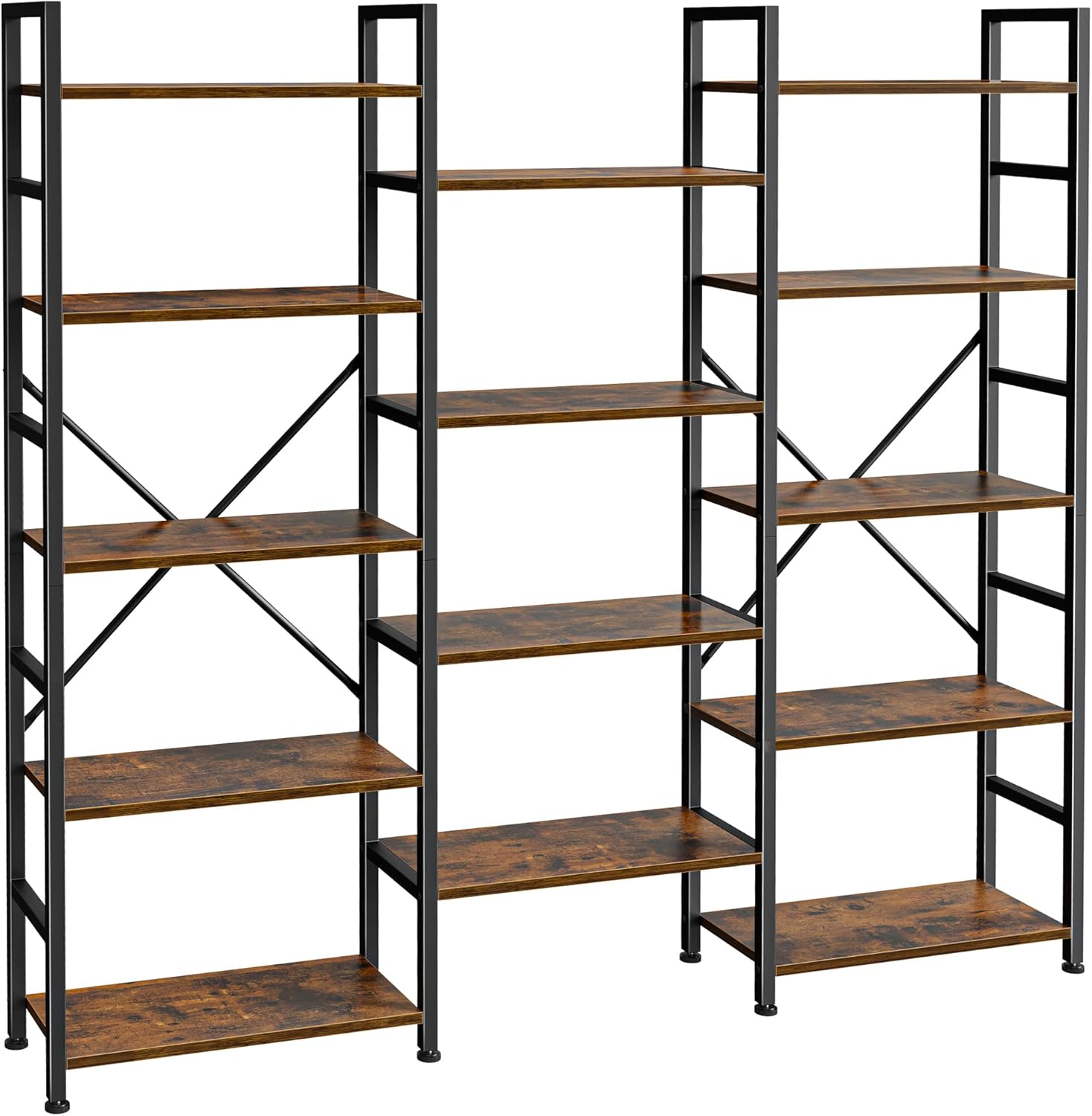 SUPERJARE Triple 5 Tier Bookshelf, Bookcase with 14 Open Display Shelves, Wide Book Shelf Book Case for Home & Office, Rustic Brown