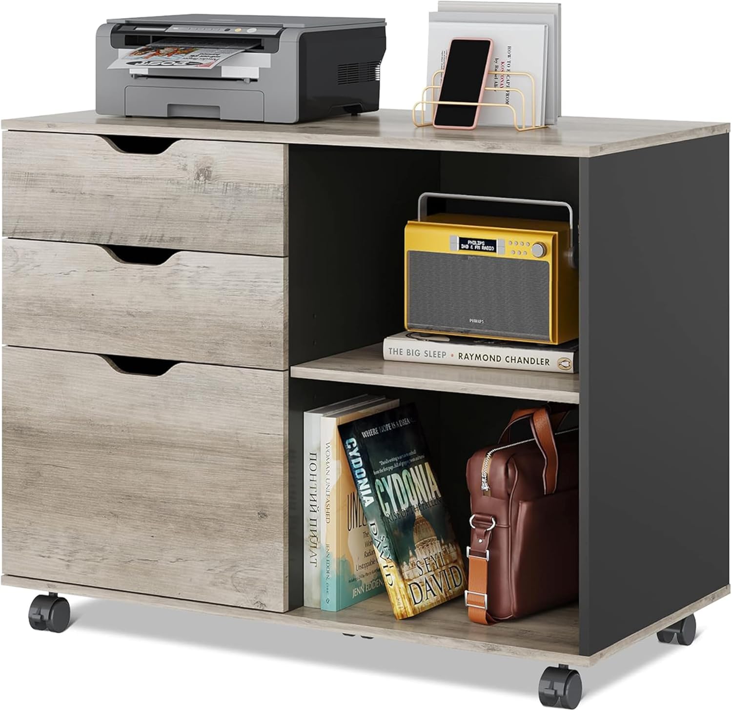 DEVAISE 3-Drawer Wood File Cabinet, Mobile Lateral Filing Cabinet, Printer Stand with Open Storage Shelves for Home Office, White