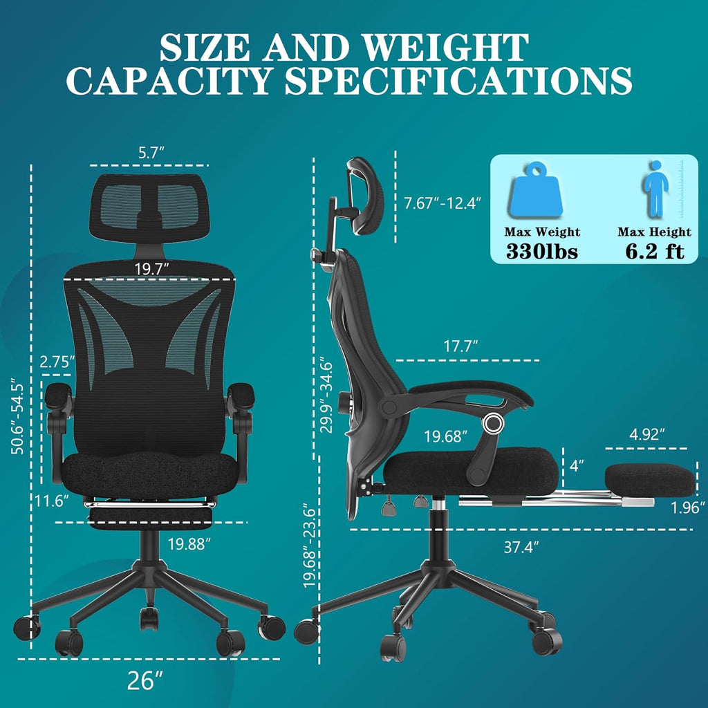 Ergonomic Office Chair with Footrest - Adjustable Lumbar Support & Headrest, 90-160° Reclining Mesh Back Computer Chair - Home Office/Gaming, 350lbs Capacity (SGS Certified)