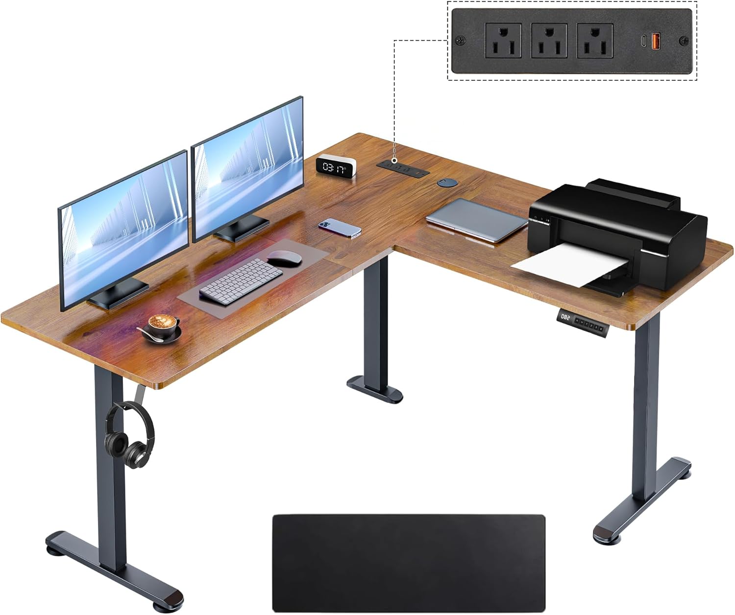 63” L Shaped Standing Desk with Charging Station,Supports Left and Right Swapping,Electric Height Adjustable Corner Stand Up Desk.Free Hook, Lockable Wheels,Mouse Pad,Oak