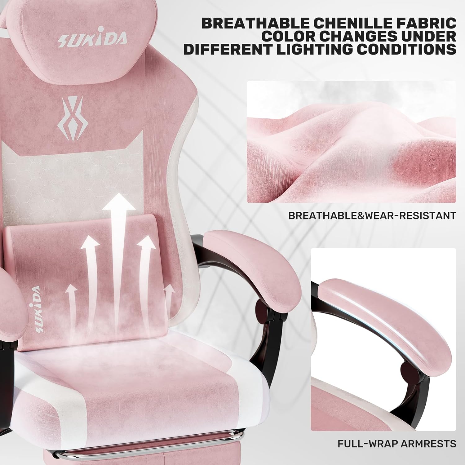 SUKIDA Plush Fabric Gaming Executive Office Chair, Ergonomic High-Back Computer Desk Chair with Large Adjustable Lumbar Support, Headrest and Linked Armrests for Long Hours Sitting Task Chair, Pink