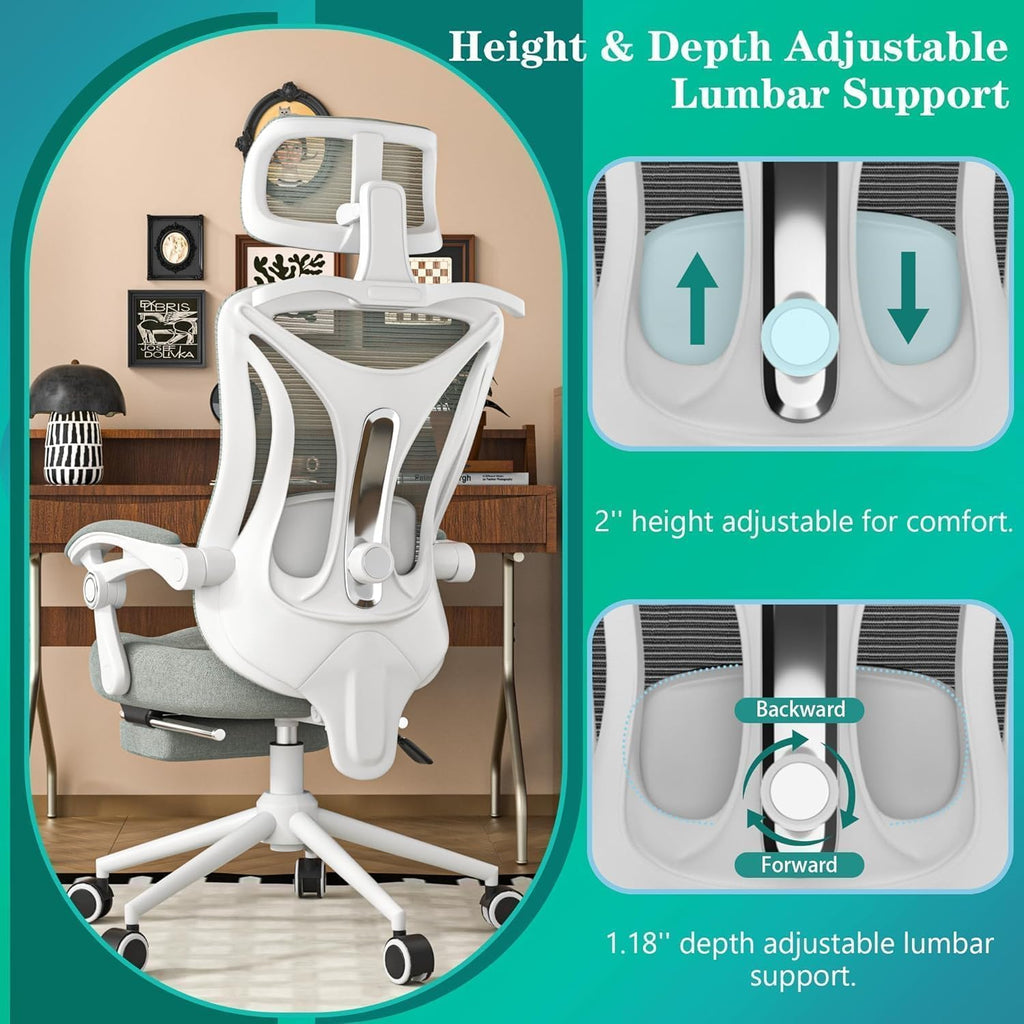 Ergonomic Office Chair with Footrest - Adjustable Lumbar Support & Headrest, 90-160° Reclining Mesh Back Computer Chair - Home Office/Gaming, 350lbs Capacity (SGS Certified)