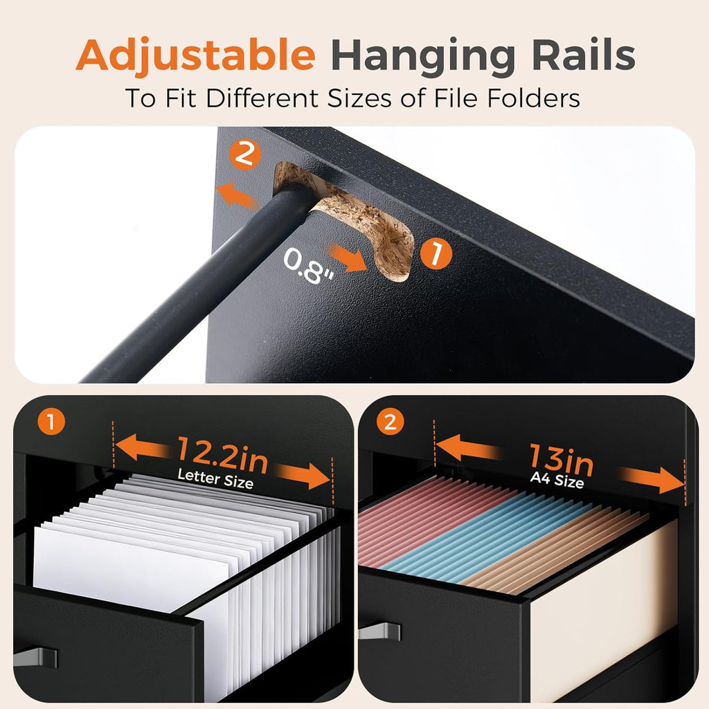 Sweetcrispy 2 Drawer Filing Cabinet Black, Rolling Wood File Cabinets with Printer Stand Under Desk Storage Lockable Wheels, Home Office Organizer for A4 Letter Legal Size Documents