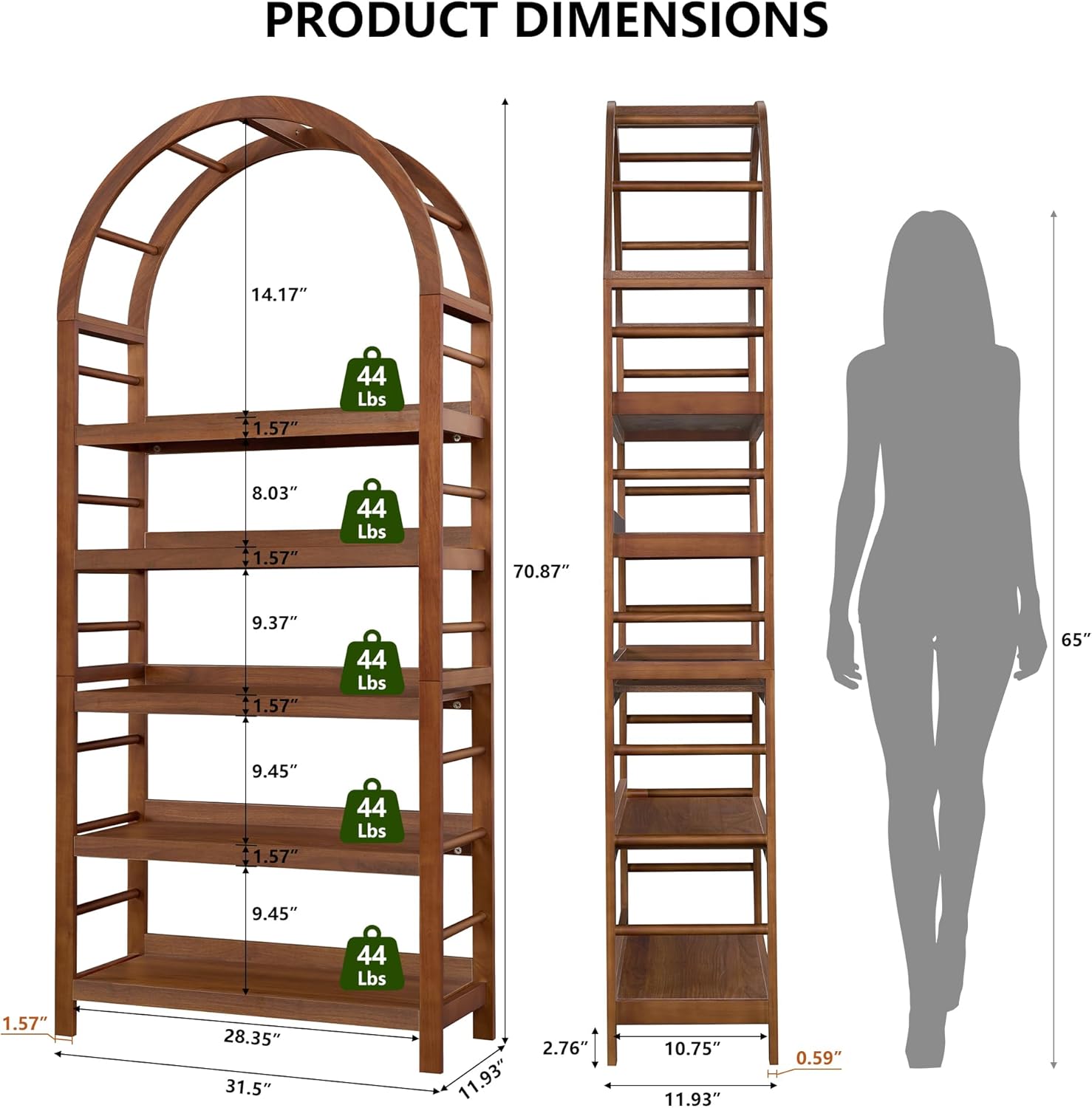 5-Tier Solid Wood Open Bookcase, Modern Arched Bookshelf, Home Office Shelf Storage Organizer, Storage Display Rack Shelf for Living Room (Walnut)