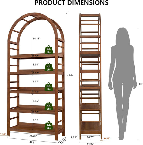 5-Tier Solid Wood Open Bookcase, Modern Arched Bookshelf, Home Office Shelf Storage Organizer, Storage Display Rack Shelf for Living Room (Walnut)