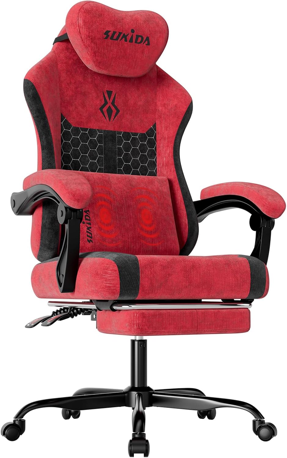 SUKIDA Plush Fabric Gaming Executive Office Chair, Ergonomic High-Back Computer Desk Chair with Large Adjustable Lumbar Support, Headrest and Linked Armrests for Long Hours Sitting Task Chair, Pink