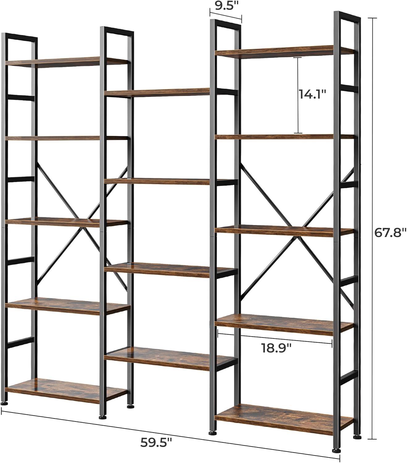 SUPERJARE Triple 5 Tier Bookshelf, Bookcase with 14 Open Display Shelves, Wide Book Shelf Book Case for Home & Office, Rustic Brown