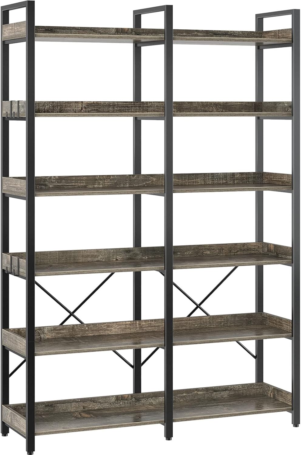 Seventable Bookshelf 6 Tier with 4 Hooks, 67” Industrial Wooden Bookcase, Vintage Storage Rack with Open Shelves, Rustic Standing Bookshelves Metal Frame 43.3” Wide Display Rack, Rustic Brown