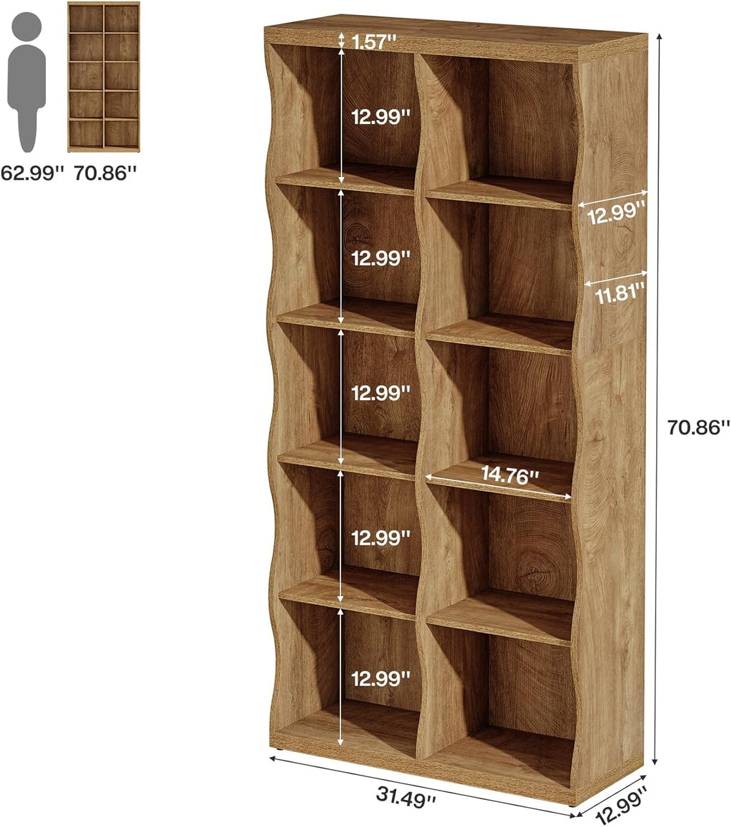 Tribesigns 70.86" Wooden 10 Cubes Bookcase Set of 2, 5-Tier Tall Bookshelf with Unique Curved-Edge Design, Rustic Display Storage Organizer with Open Shelves for Living Room, Home Office, Bedroom (2)