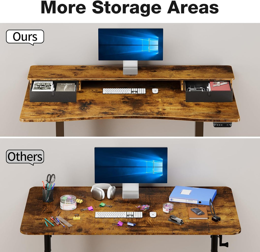 Veken 47.2"×27.6" Standing Desk with Storage Drawers, Adjustable Height Computer Table with Monitor Shelf, Home Office Desk for Study, Gaming, Workstation, Brown