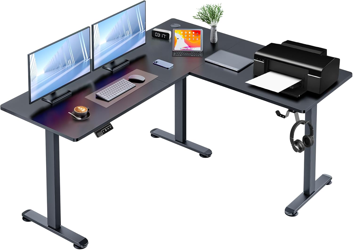 63” L Shaped Standing Desk with Charging Station,Supports Left and Right Swapping,Electric Height Adjustable Corner Stand Up Desk.Free Hook, Lockable Wheels,Mouse Pad,Oak