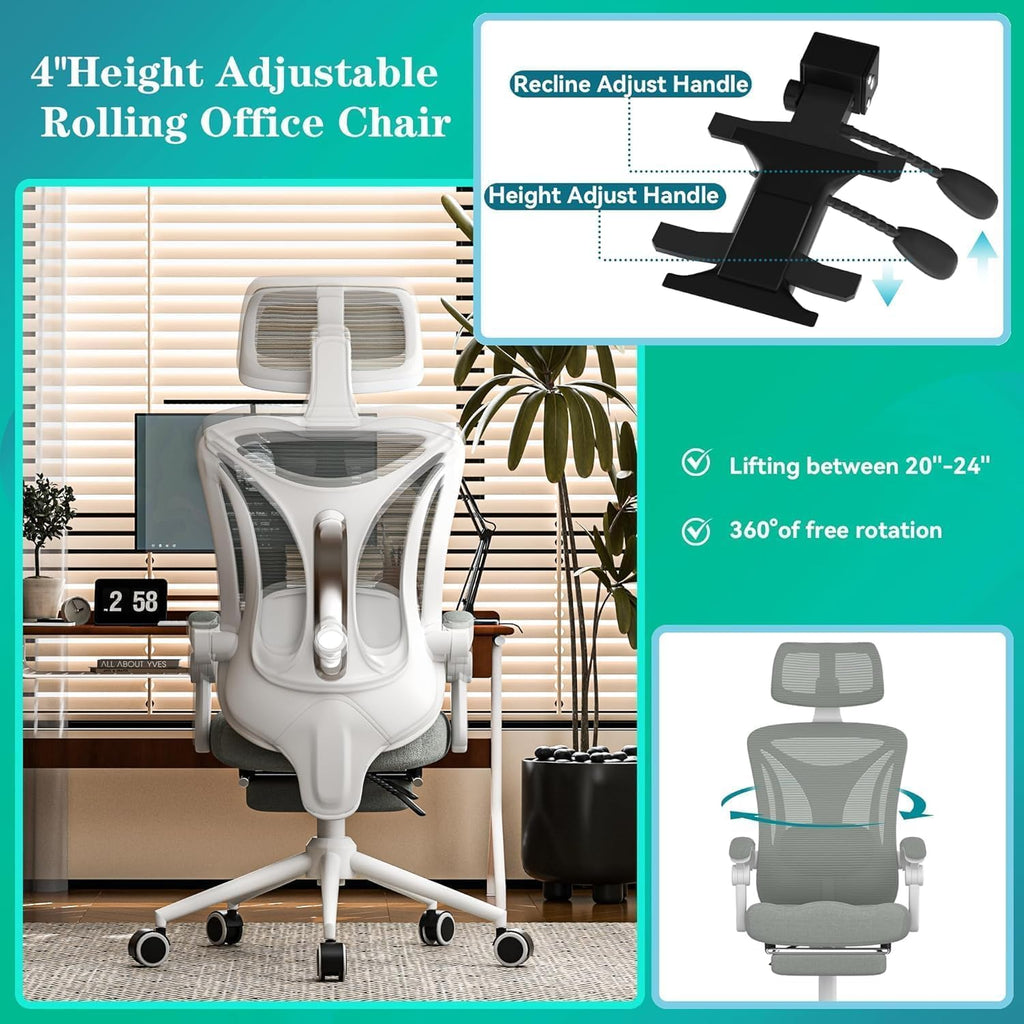 Ergonomic Office Chair with Footrest - Adjustable Lumbar Support & Headrest, 90-160° Reclining Mesh Back Computer Chair - Home Office/Gaming, 350lbs Capacity (SGS Certified)
