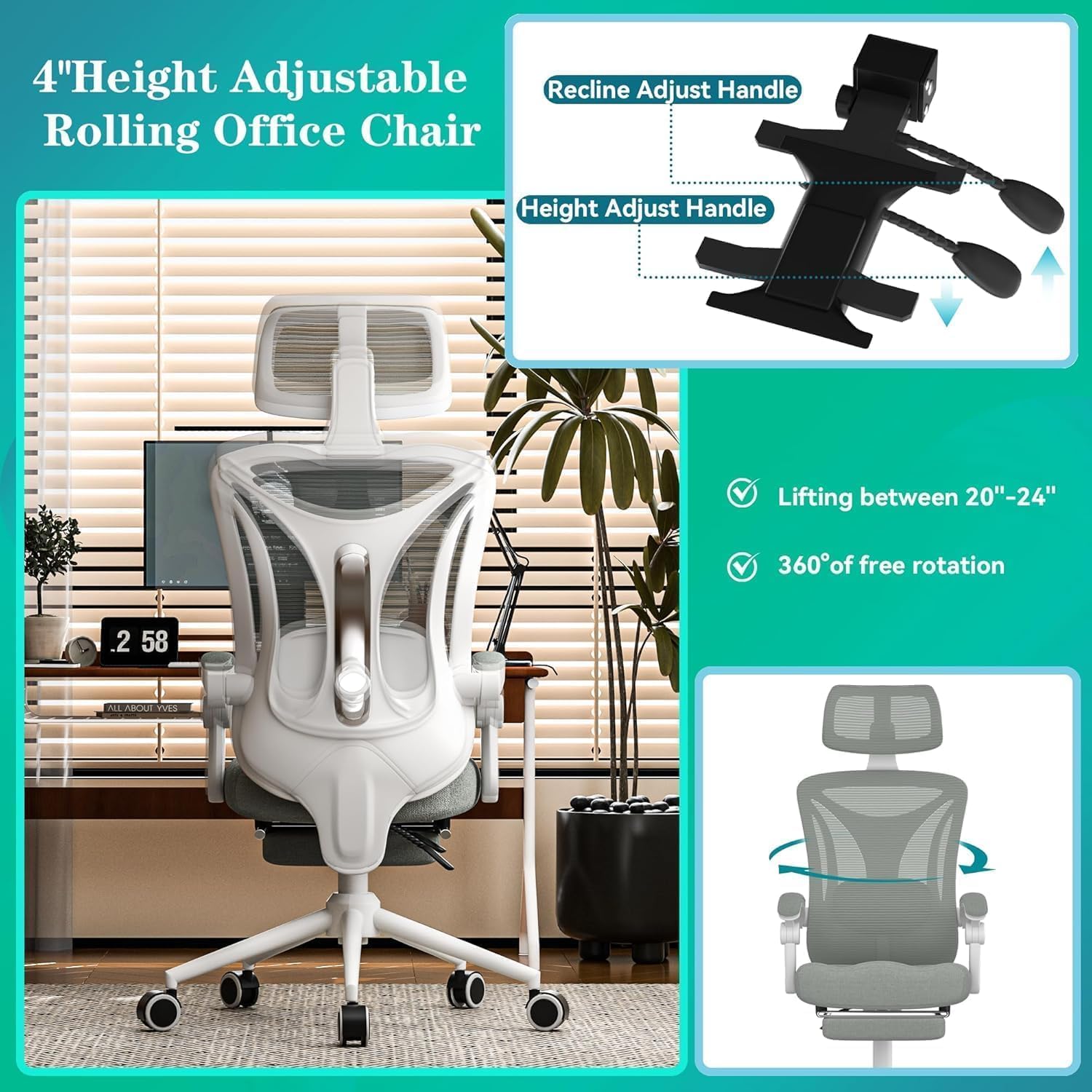 Ergonomic Office Chair with Footrest - Adjustable Lumbar Support & Headrest, 90-160° Reclining Mesh Back Computer Chair - Home Office/Gaming, 350lbs Capacity (SGS Certified)