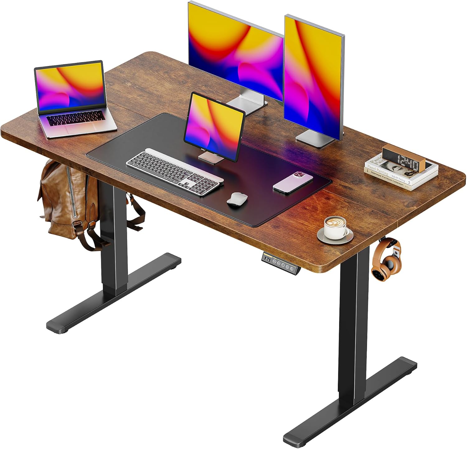 Huuger 55 x 28 Large Electric Standing Desk, Height Adjustable Computer Desk, 27.6" Deep Desktop, Stand up Gaming Office Desk with 2 Hooks, 3 Preset Heights, for Home Office, Rustic Brown
