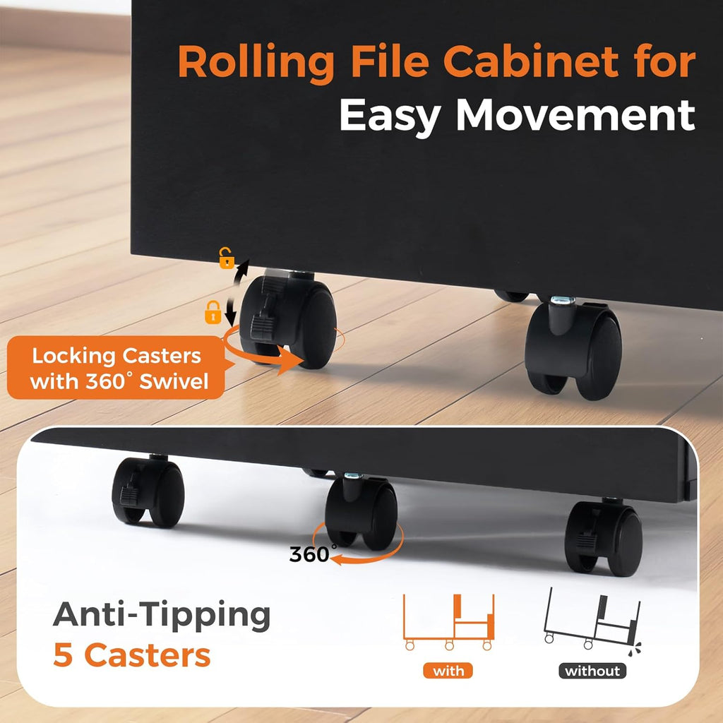 Sweetcrispy 2 Drawer Filing Cabinet Black, Rolling Wood File Cabinets with Printer Stand Under Desk Storage Lockable Wheels, Home Office Organizer for A4 Letter Legal Size Documents