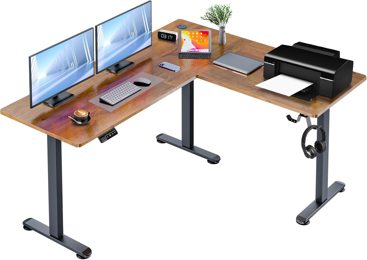 63” L Shaped Standing Desk with Charging Station,Supports Left and Right Swapping,Electric Height Adjustable Corner Stand Up Desk.Free Hook, Lockable Wheels,Mouse Pad,Oak