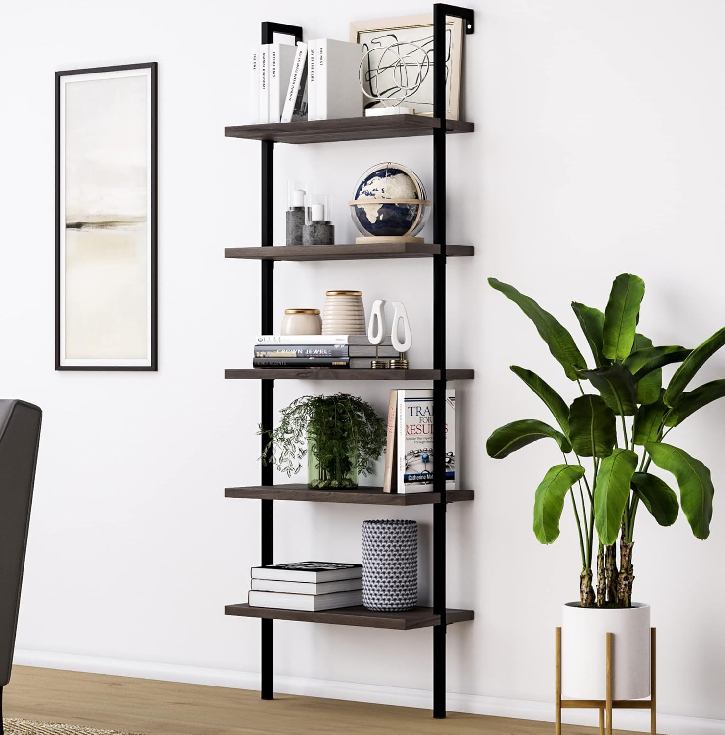Nathan James Theo 5-Shelf Oak Wood Modern Bookcase, Open Wall Mount Ladder Bookshelf with Industrial Black Metal Frame