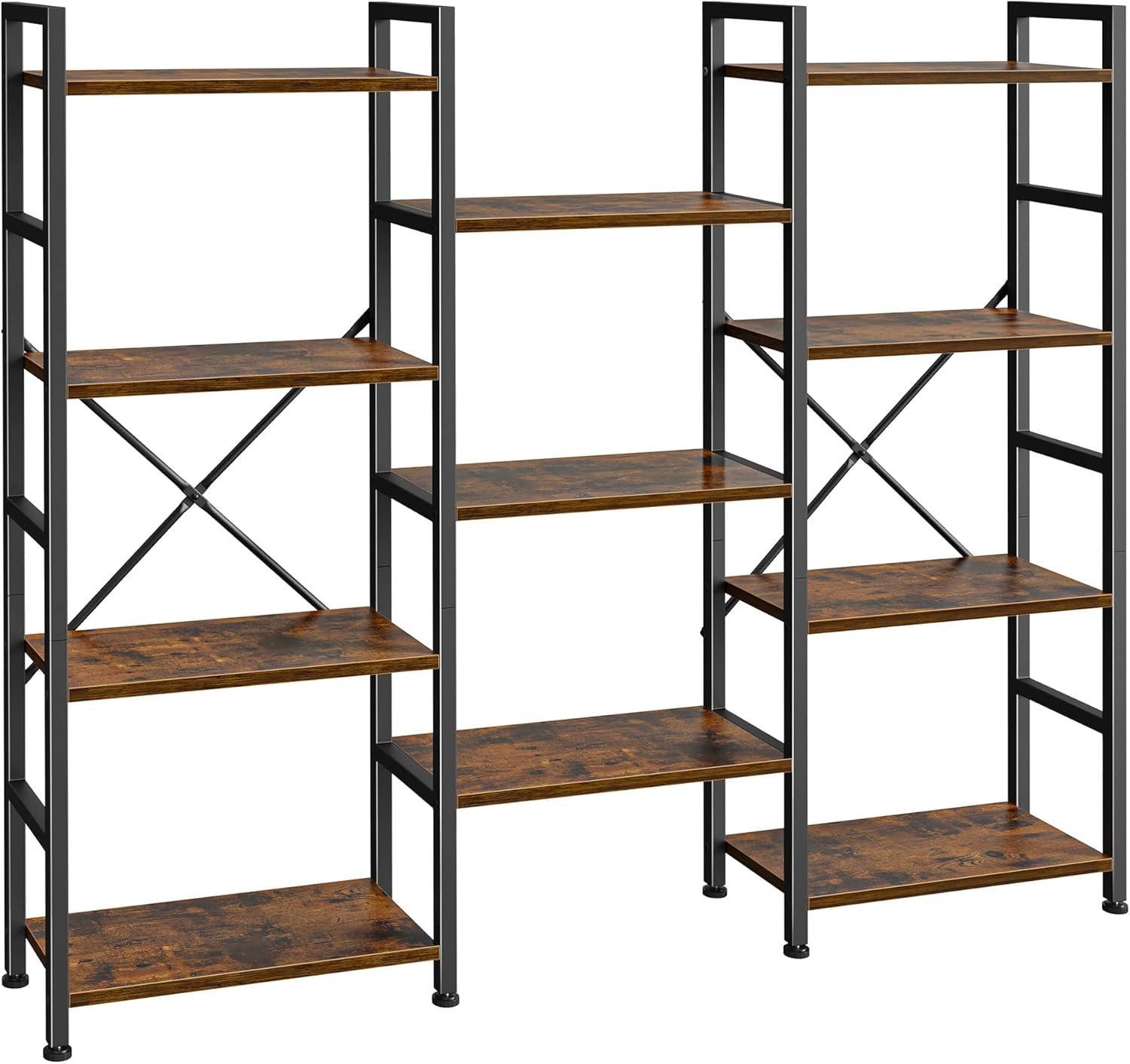 SUPERJARE Triple 5 Tier Bookshelf, Bookcase with 14 Open Display Shelves, Wide Book Shelf Book Case for Home & Office, Rustic Brown