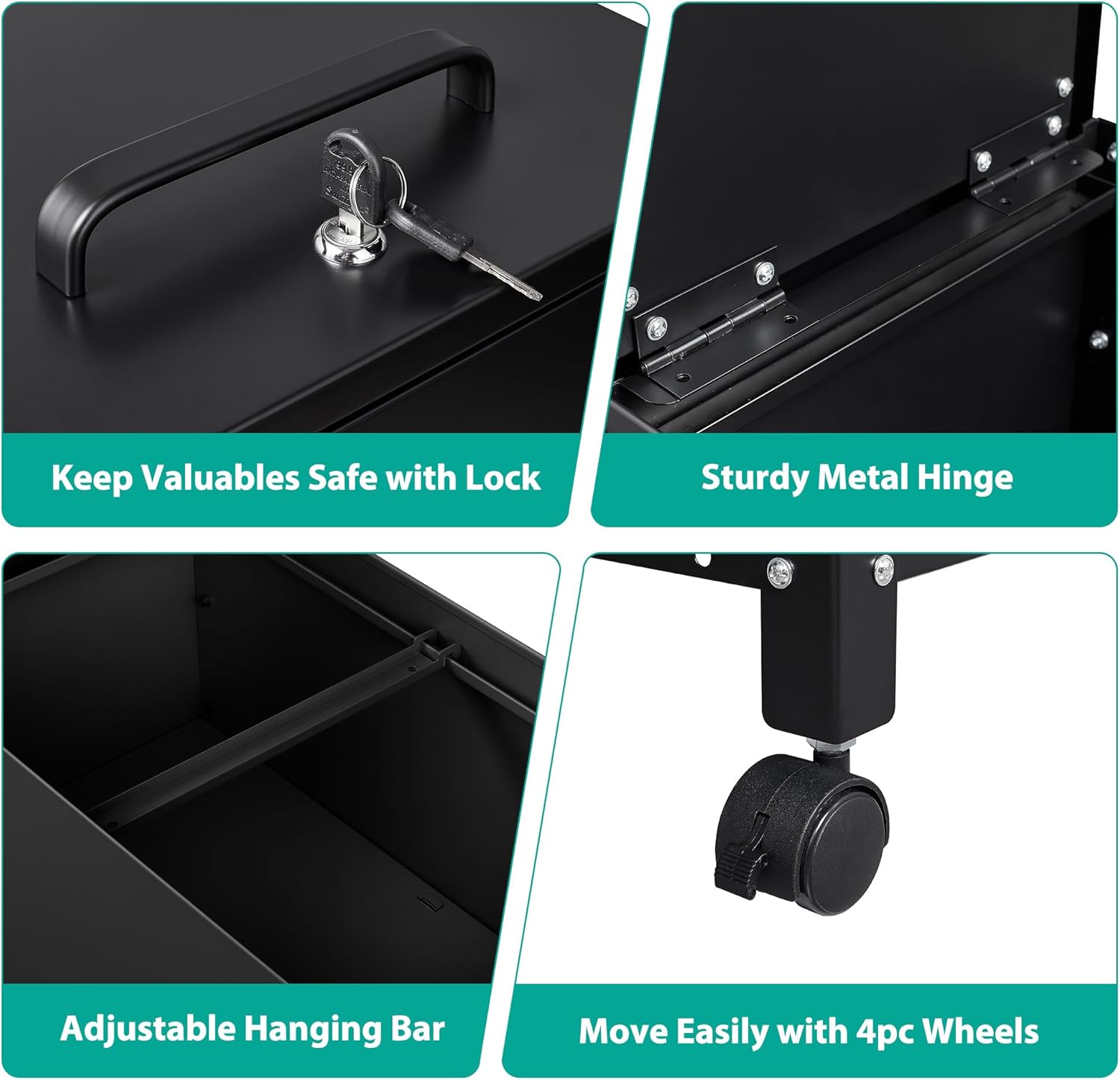 Rolling File Cart with Wheels Hanging Files,Rolling File Cabinet Organizer,Rolling Hanging File Folder Cart on Wheels,Metal Filing Cart,Fit A4/F4/Letter/Legal File for Home Office (Black)