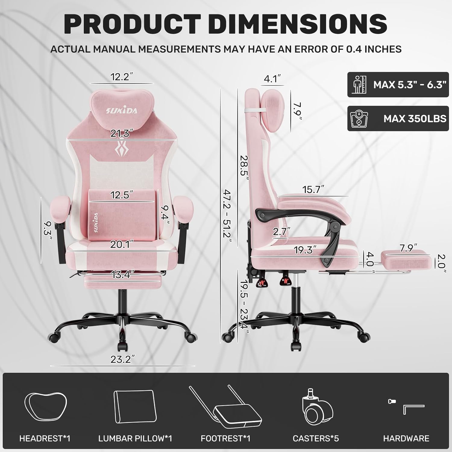 SUKIDA Plush Fabric Gaming Executive Office Chair, Ergonomic High-Back Computer Desk Chair with Large Adjustable Lumbar Support, Headrest and Linked Armrests for Long Hours Sitting Task Chair, Pink