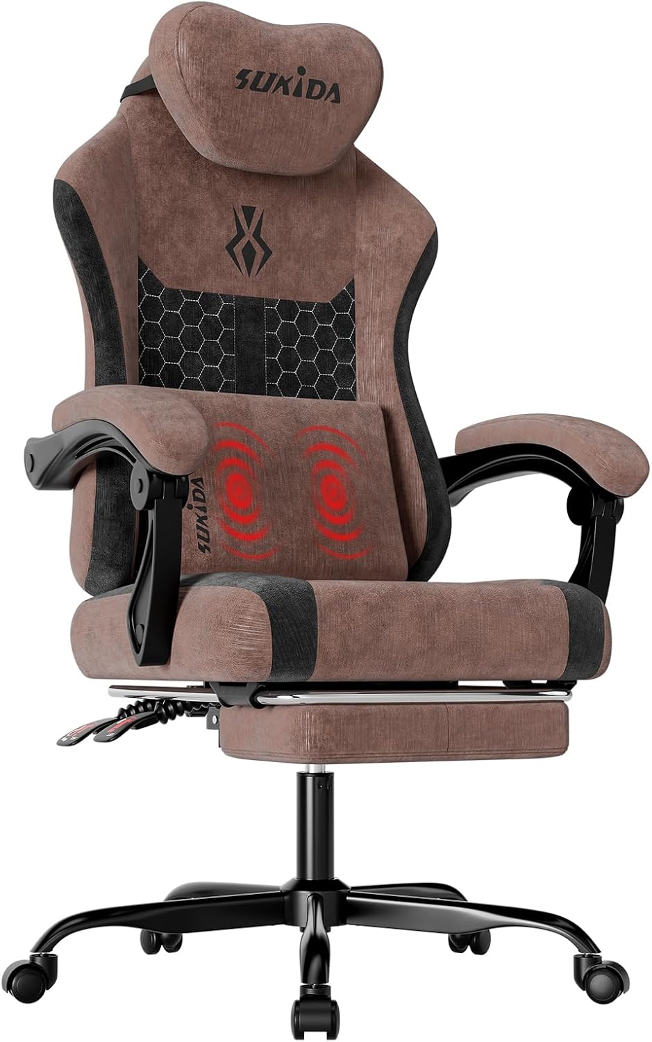 SUKIDA Plush Fabric Gaming Executive Office Chair, Ergonomic High-Back Computer Desk Chair with Large Adjustable Lumbar Support, Headrest and Linked Armrests for Long Hours Sitting Task Chair, Pink