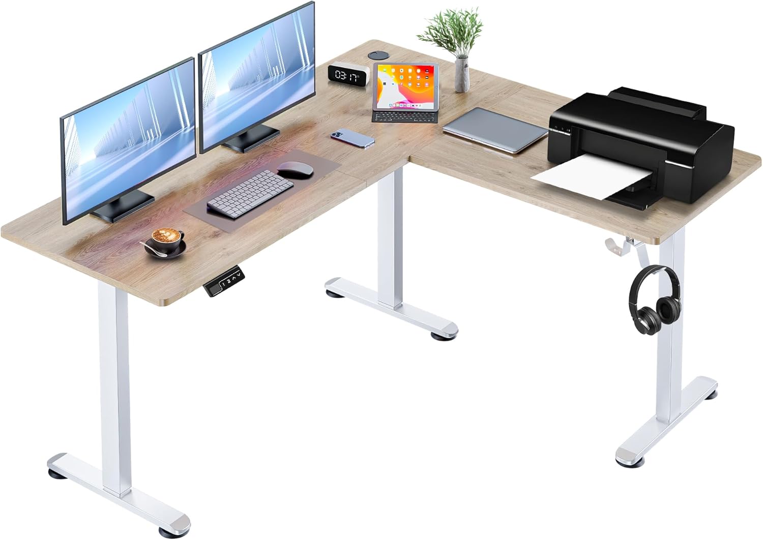 63” L Shaped Standing Desk with Charging Station,Supports Left and Right Swapping,Electric Height Adjustable Corner Stand Up Desk.Free Hook, Lockable Wheels,Mouse Pad,Oak