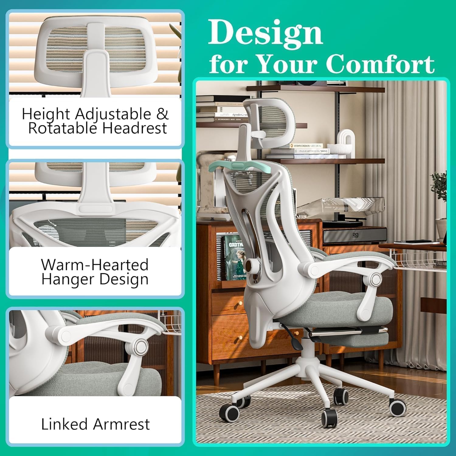 Ergonomic Office Chair with Footrest - Adjustable Lumbar Support & Headrest, 90-160° Reclining Mesh Back Computer Chair - Home Office/Gaming, 350lbs Capacity (SGS Certified)