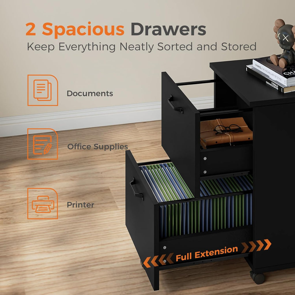 Sweetcrispy 2 Drawer Filing Cabinet Black, Rolling Wood File Cabinets with Printer Stand Under Desk Storage Lockable Wheels, Home Office Organizer for A4 Letter Legal Size Documents