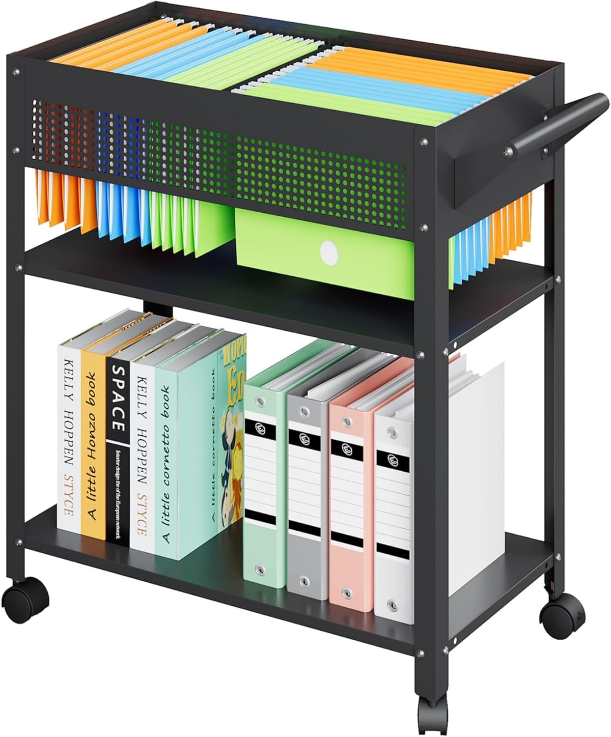Rolling File Cart with Wheels Hanging Files,Rolling File Cabinet Organizer,Rolling Hanging File Folder Cart on Wheels,Metal Filing Cart,Fit A4/F4/Letter/Legal File for Home Office (Black)
