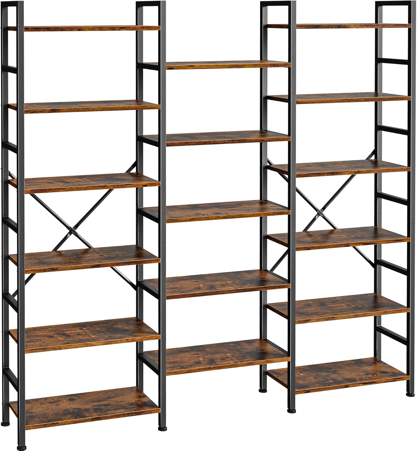 SUPERJARE Triple 5 Tier Bookshelf, Bookcase with 14 Open Display Shelves, Wide Book Shelf Book Case for Home & Office, Rustic Brown