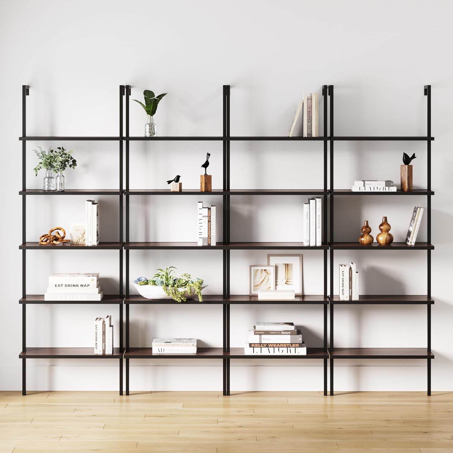 Nathan James Theo 5-Shelf Oak Wood Modern Bookcase, Open Wall Mount Ladder Bookshelf with Industrial Black Metal Frame