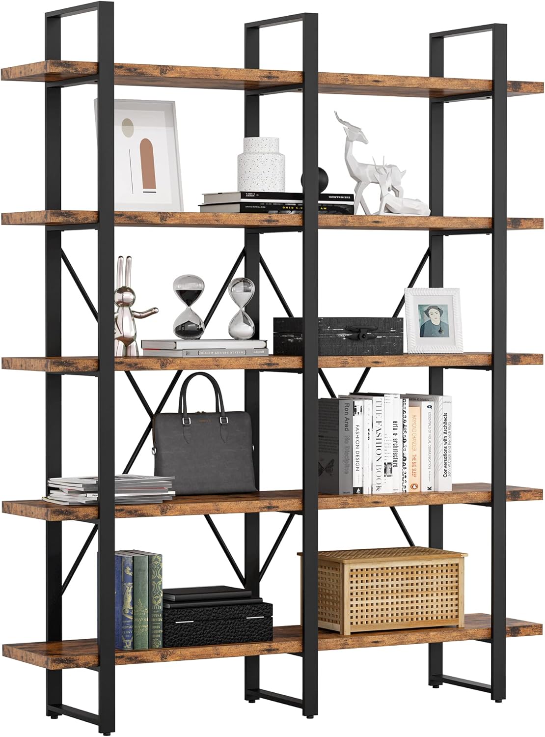 IRONCK Industrial Bookshelf and Bookcase Double Wide 5 Tier, Large Open Shelves, Wood and Metal Bookshelves for Home Office Furniture, Easy Assembly | Bookcase, Large, Open Shelves, Bookshelves, Easy Assembly