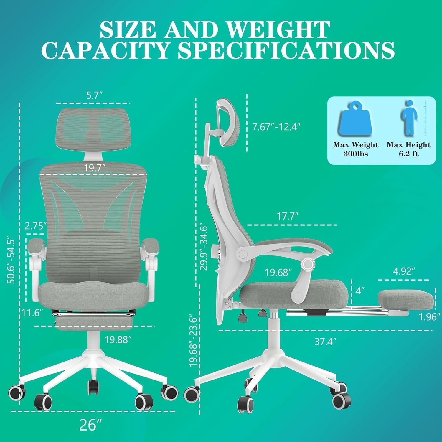 Ergonomic Office Chair with Footrest - Adjustable Lumbar Support & Headrest, 90-160° Reclining Mesh Back Computer Chair - Home Office/Gaming, 350lbs Capacity (SGS Certified)