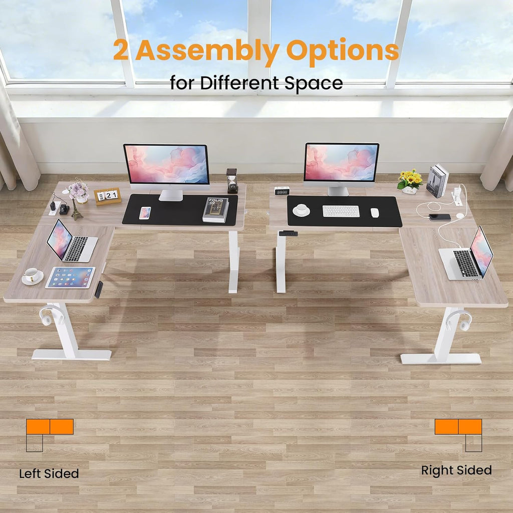 63” L Shaped Standing Desk with Charging Station,Supports Left and Right Swapping,Electric Height Adjustable Corner Stand Up Desk.Free Hook, Lockable Wheels,Mouse Pad,Oak