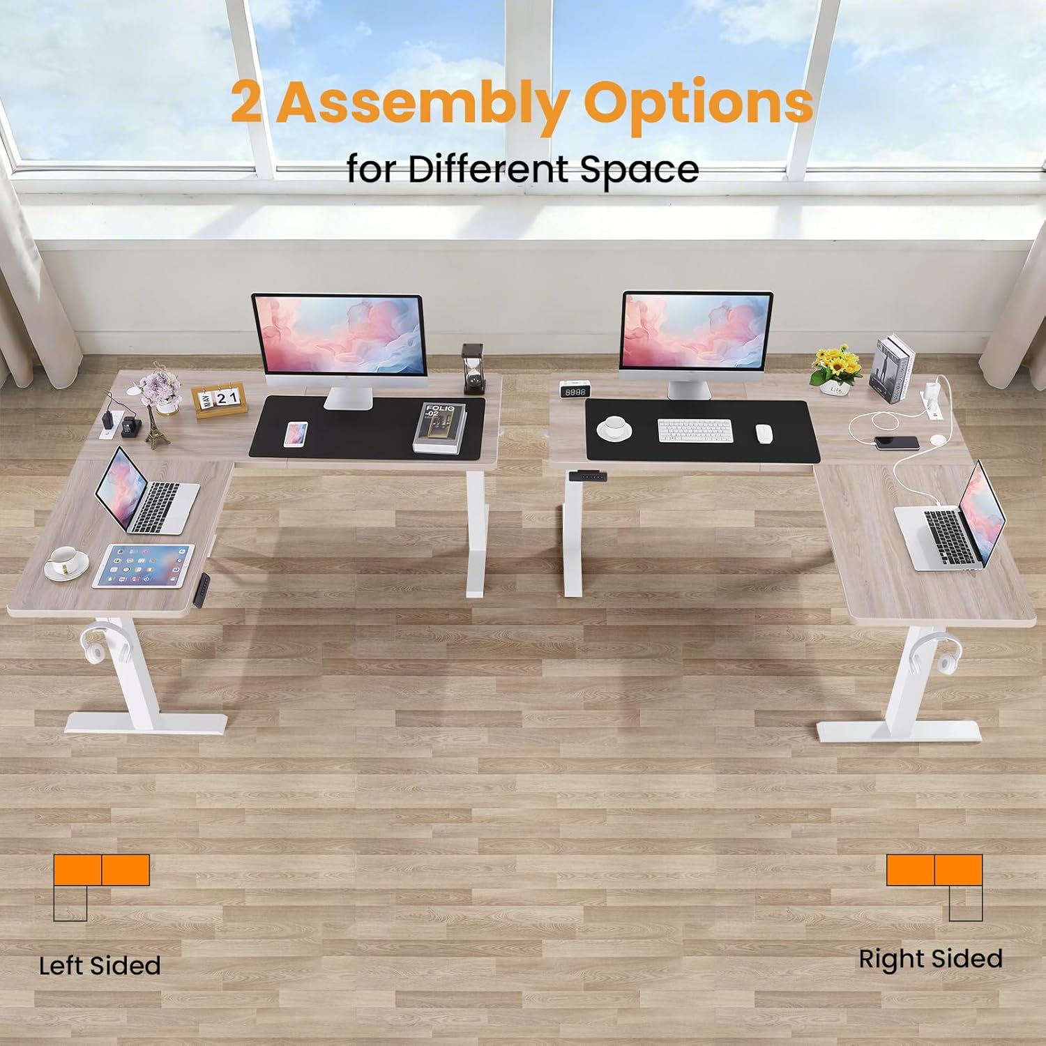 63” L Shaped Standing Desk with Charging Station,Supports Left and Right Swapping,Electric Height Adjustable Corner Stand Up Desk.Free Hook, Lockable Wheels,Mouse Pad,Oak