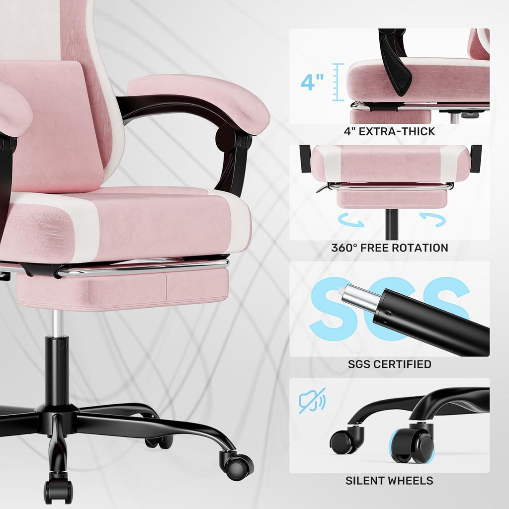 SUKIDA Plush Fabric Gaming Executive Office Chair, Ergonomic High-Back Computer Desk Chair with Large Adjustable Lumbar Support, Headrest and Linked Armrests for Long Hours Sitting Task Chair, Pink