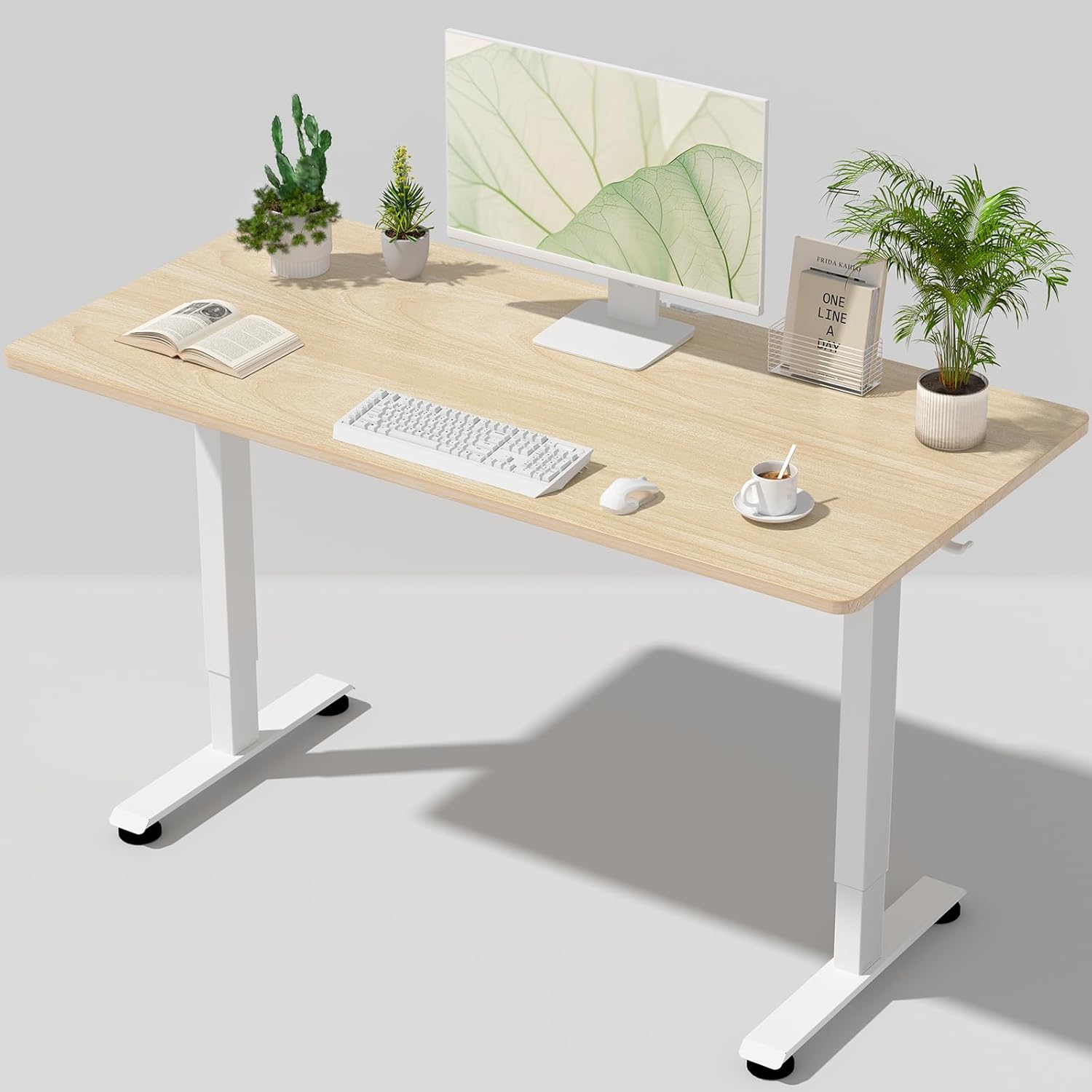 Veken 55 Inch Large Electric Standing Desk,Sit to Stand Up, Heights Adjustable, Work Home Office Computer Table for Study, Walking Pad, Writing, and Games, Wooden Desktop Desks, White