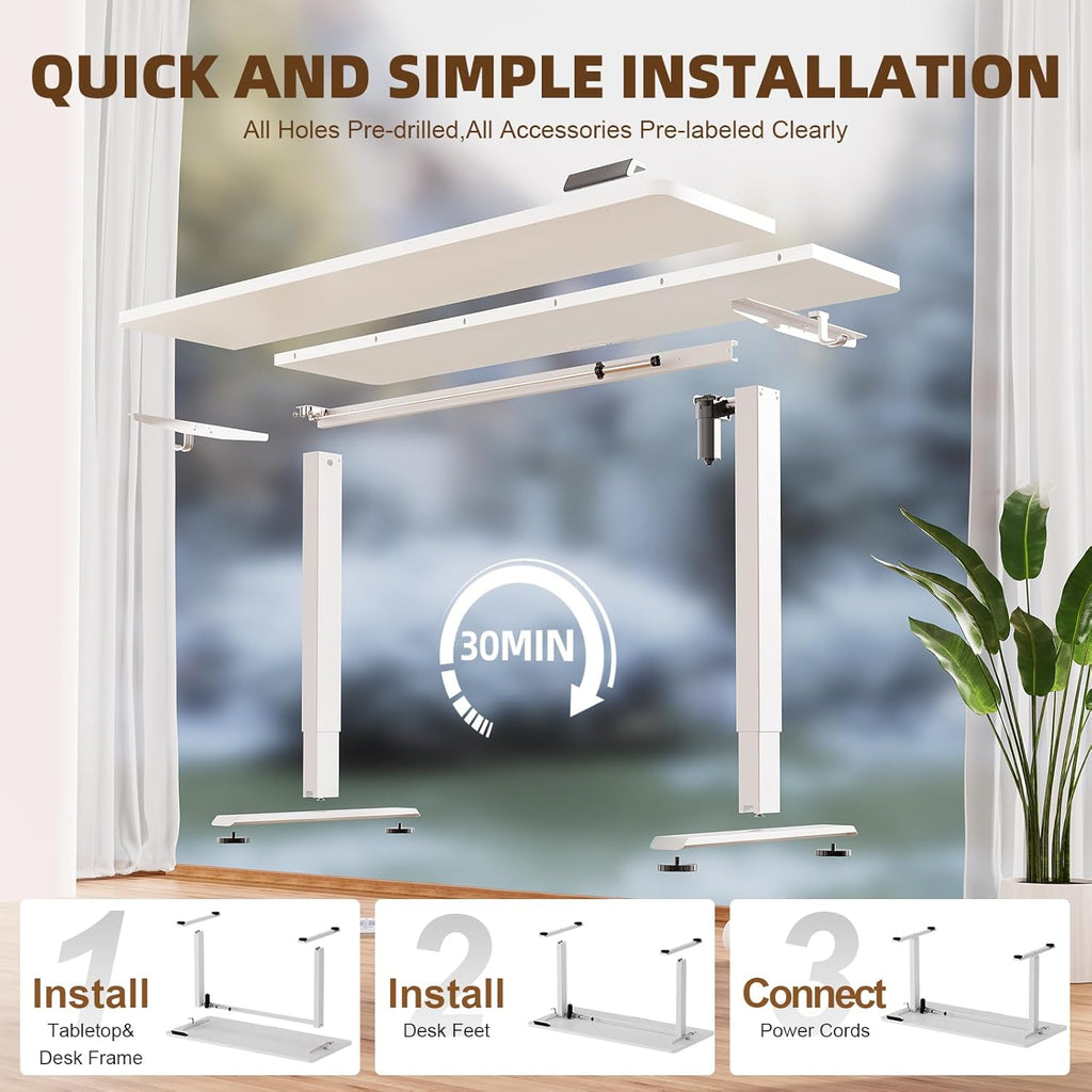 Veken 55 Inch Large Electric Standing Desk,Sit to Stand Up, Heights Adjustable, Work Home Office Computer Table for Study, Walking Pad, Writing, and Games, Wooden Desktop Desks, White