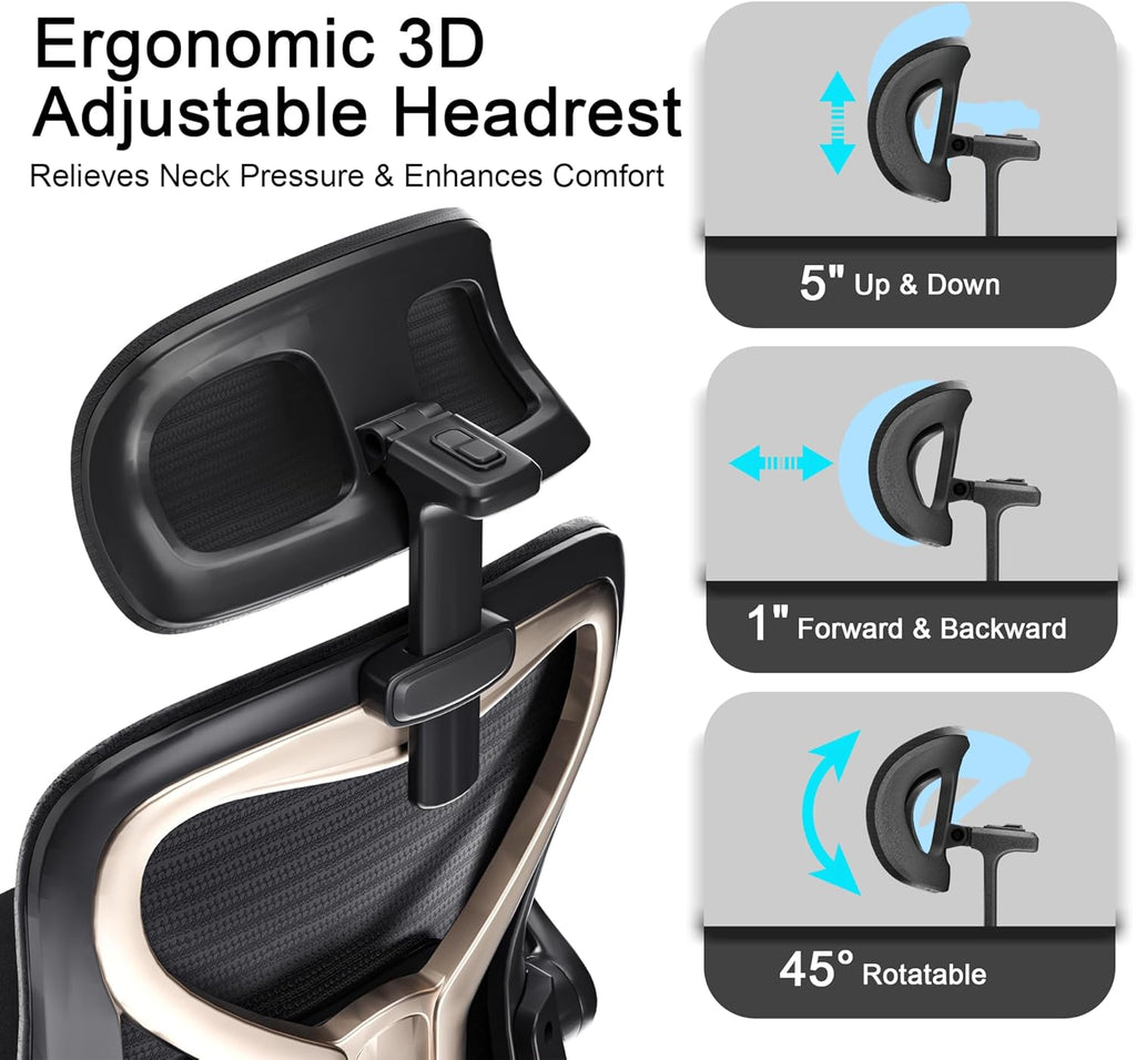 Ergonomic Office Chair, Mesh Desk Chair with Headrest, Lumbar Support, Thick Seat Cushion, Flip-up Arms, High Back Computer Task Chairs for Home Office (English, Black/Gold)